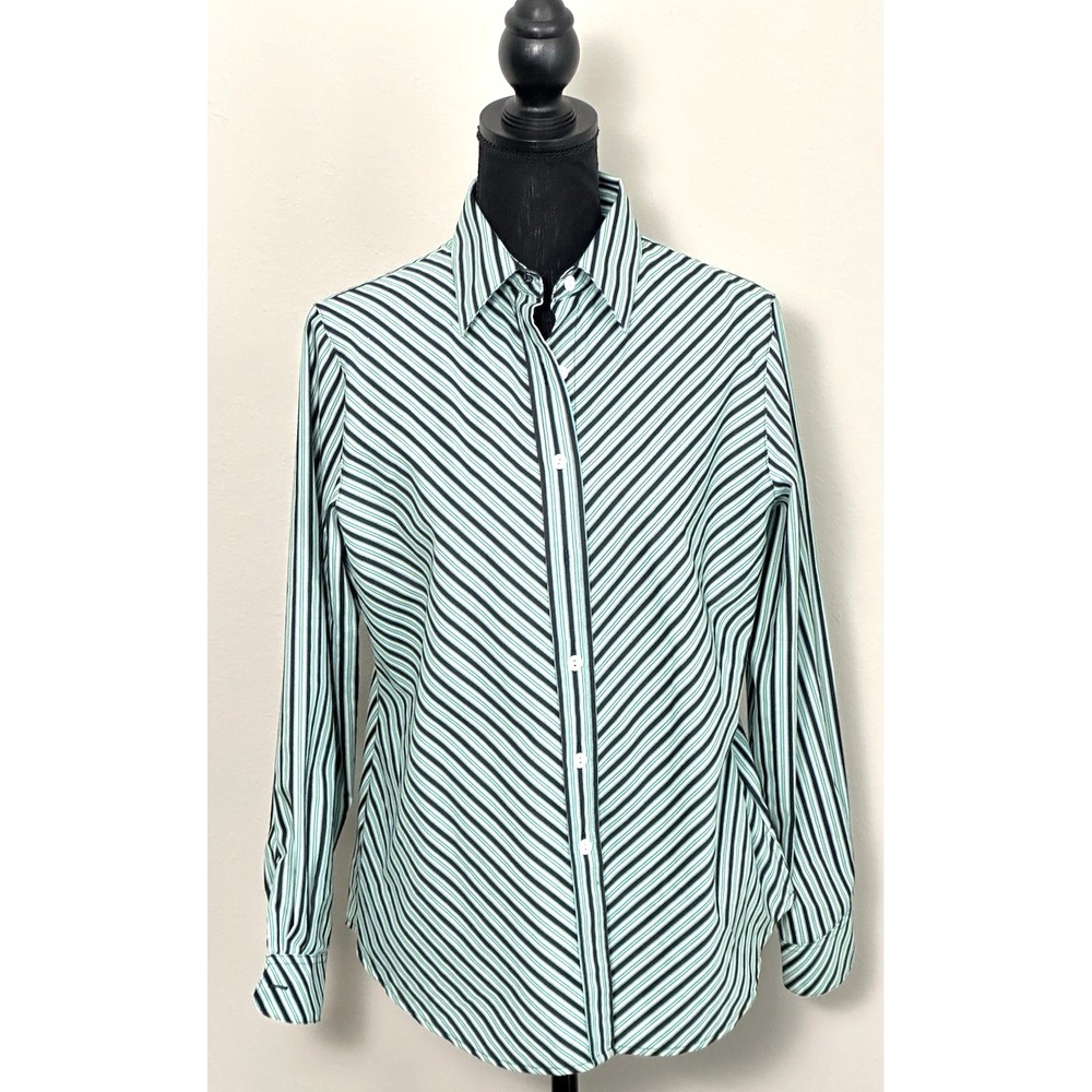Foxcroft Women's Button Down Striped Longsleeveβ Blouse Green Black Size (10P)